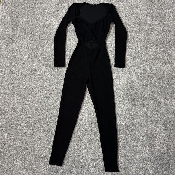 PrettyLittleThing Jumpsuit Womens US 4 Black Long Sleeve Cutout Ribbed Stretch - Picture 1 of 11